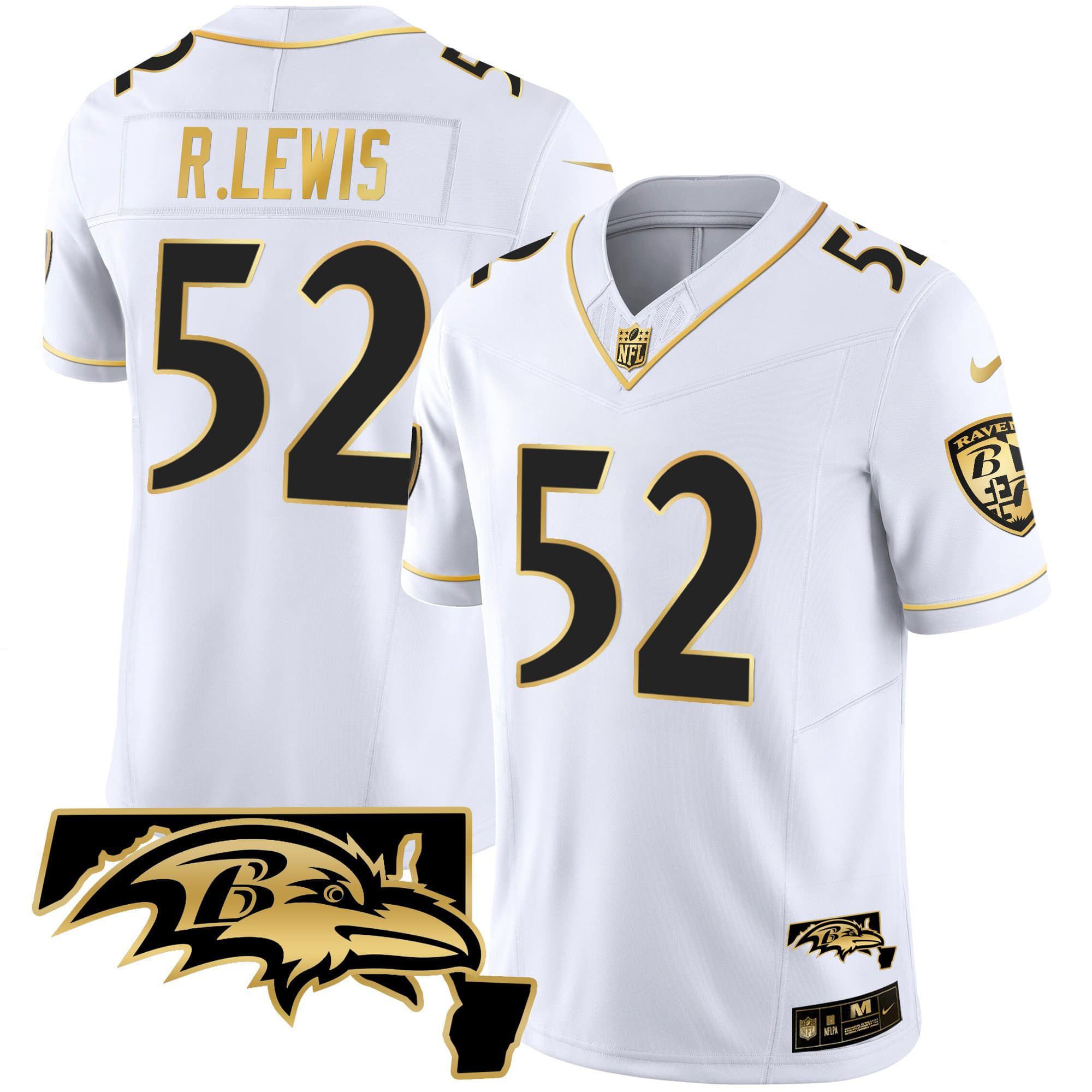 Men Baltimore Ravens 52 R.Lewis White Gold 2024 Nike Maryland Patch Vapor Limited NFL Jersey